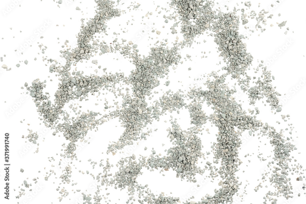 Fototapeta premium Gray small rocks ground texture isolated white background. black small road stone. gravel pebbles stone seamless texture. dark background of crushed granite gravel, close up. clumping clay