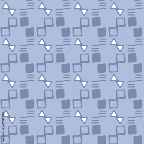 Hand drawn seamless doodle pattern with geometric elements. Blue palette print. Simple backdrop.
