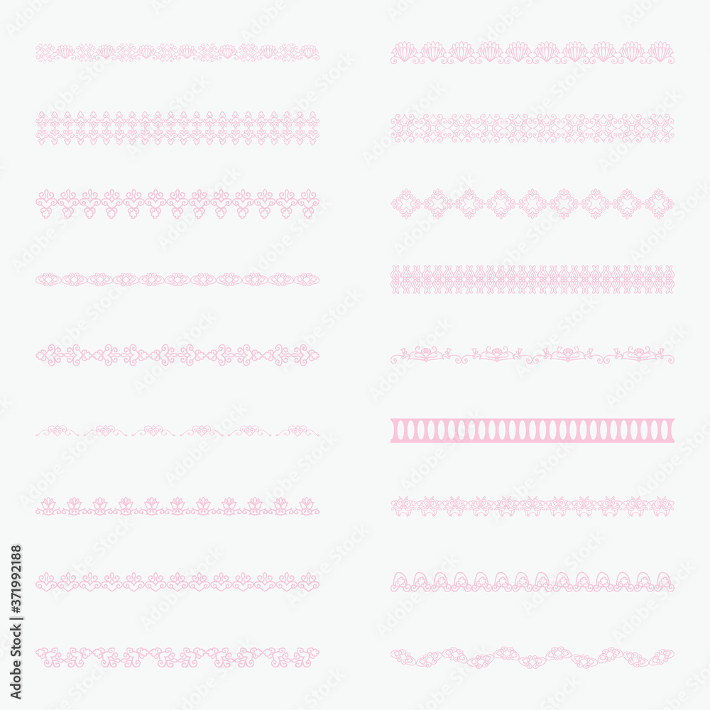 Set of horizontal isolated Light pink lace borders for design. Patterned elegant beautiful edge. Vector illustration Set of horizontal isolated Light pink lace borders for design. Patterned elegant beautiful edge. Vector illustration
