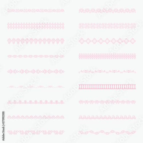 Set of horizontal isolated Light pink lace borders for design. Patterned elegant beautiful edge. Vector illustration