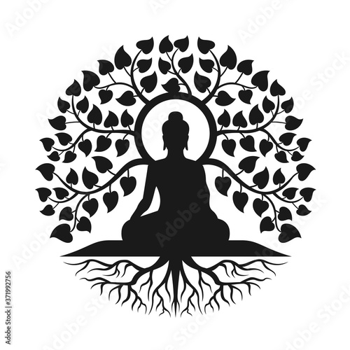 Carta da parati Black Buddha Meditation under bodhi tree with leaf and root abstract circle styl