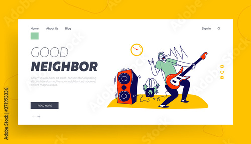 Noisy Neighbor Landing Page Template. Artist Playing Amp at Night in Apartment. Musician Training Play Electric Guitar