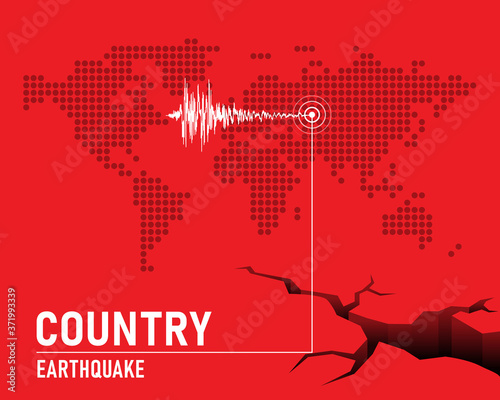 Earthquake concept with Frequency seismograph waves  , cracked and dot map world on red background vector design