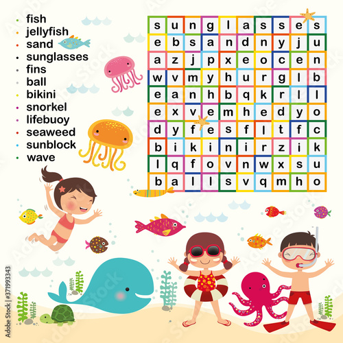 Education game for kids, Word search puzzle activity, kid and sea life, Vector flat style illustration
