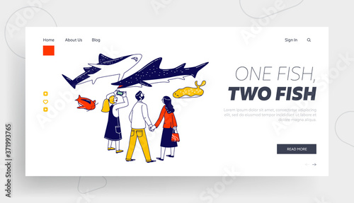 Excursion Underwater Animals Landing Page Template. Characters Visit Public Aquarium. Family Spare Time, Weekend Leisure