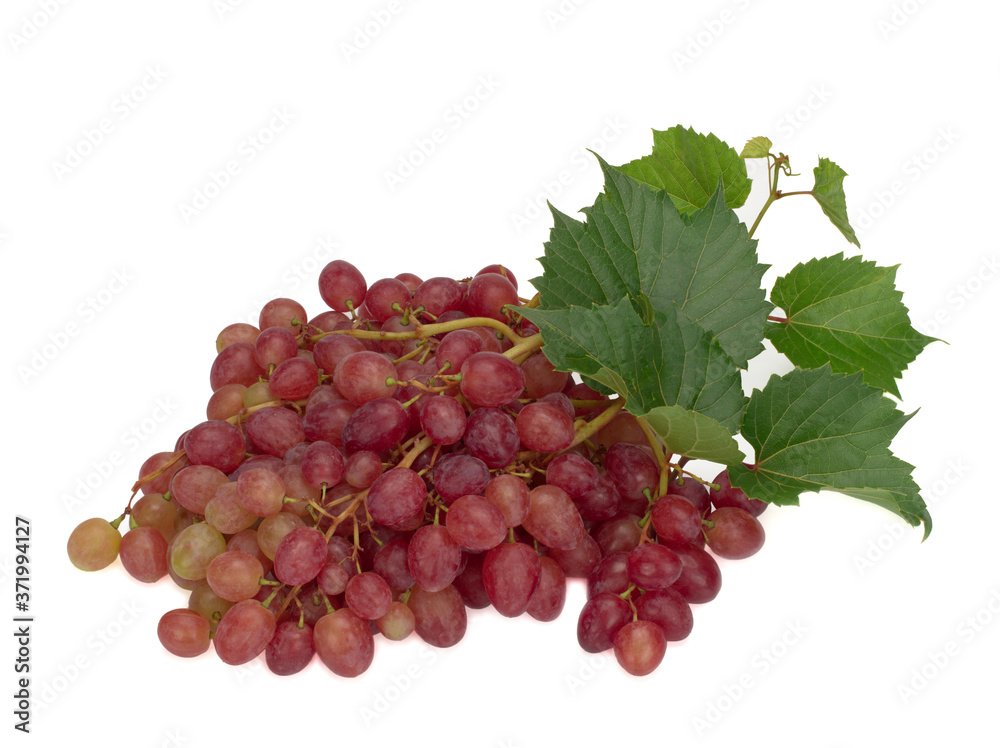 Fototapeta premium Ripe red grapes with leaves isolated on white