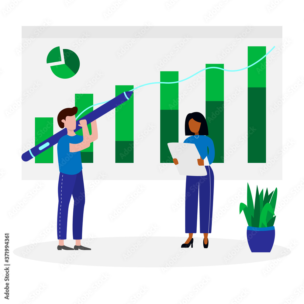 Presentation analytics of company. Teamwork of office worker and manager. Flat cartoon character. Presentation analytics of company. Teamwork of office worker and manager. Flat cartoon character.
