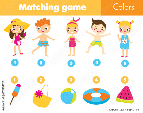 Matching children educational game. Match by color. Activity for kids and toddlers summer holidays theme