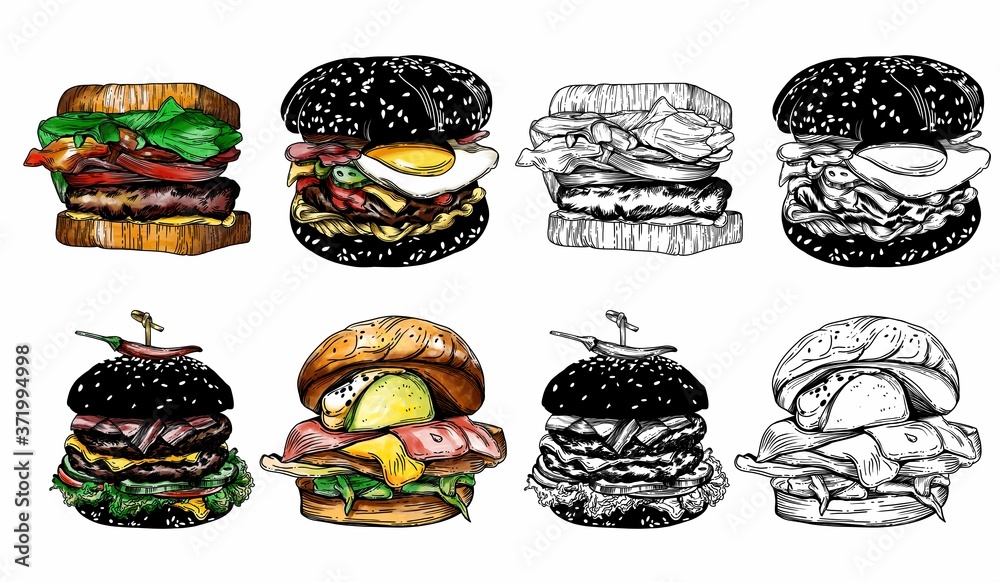 Illustration of different burgers. with detailed drawing in the style of the sketch. Color and black-and-white burgers. Illustration of different burgers. with detailed drawing in the style of the sketch. Color and black-and-white burgers.