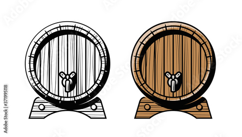 Wooden barrel with faucet. Alcoholic drink, pub symbol