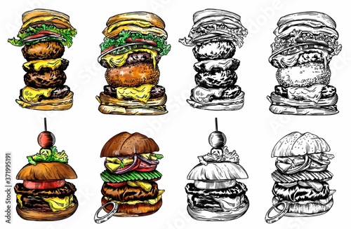 Wallpaper Mural Illustration of different burgers. with detailed drawing in the style of the sketch. Color and black-and-white burgers. Torontodigital.ca