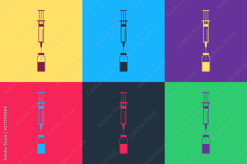 Pop art Medical syringe with needle and vial or ampoule icon isolated on color background. Vaccination, injection, vaccine, insulin concept. Vector.