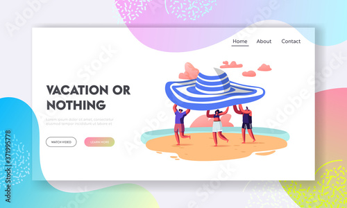 Summer Season Vacation Landing Page Template. Tiny People Carry Huge Hat Enjoying Summer Holidays, Relaxing on Beach