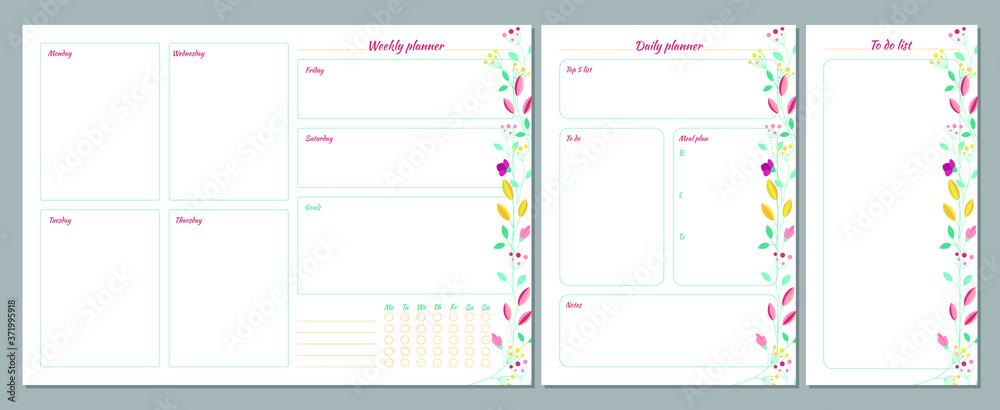 Set of planners with floral summer design. Weekly, daily planner and to do list - obrazy, fototapety, plakaty 