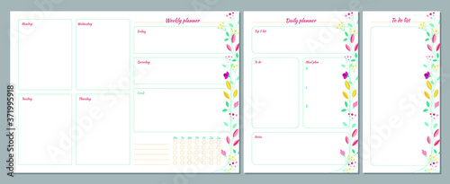 Set of planners with floral summer design. Weekly, daily planner and to do list