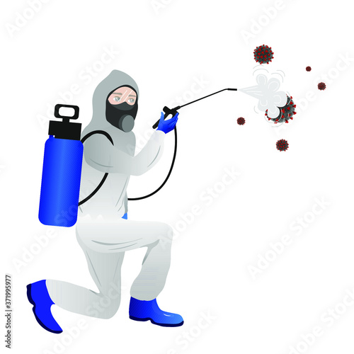 Virus Prevention A man wears a protective suit and disinfects items. Healthcare concept. Global epidemic or pandemic. Vector illustration