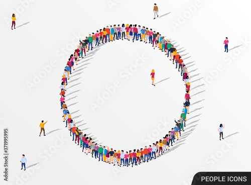 Template for advertising brochure with people crowd in shape of circle.