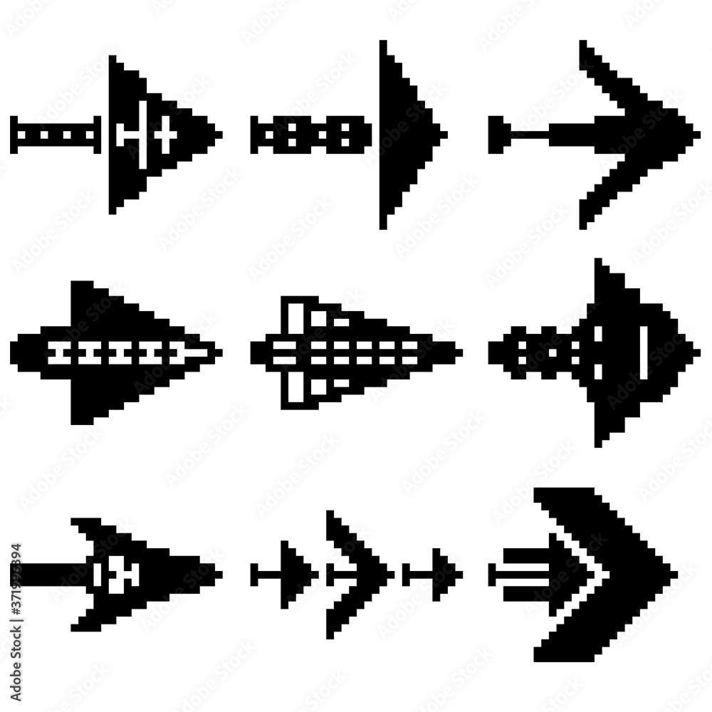 Fototapeta premium A set of nine pixel illustrations of various geometric shapes and directional arrows.