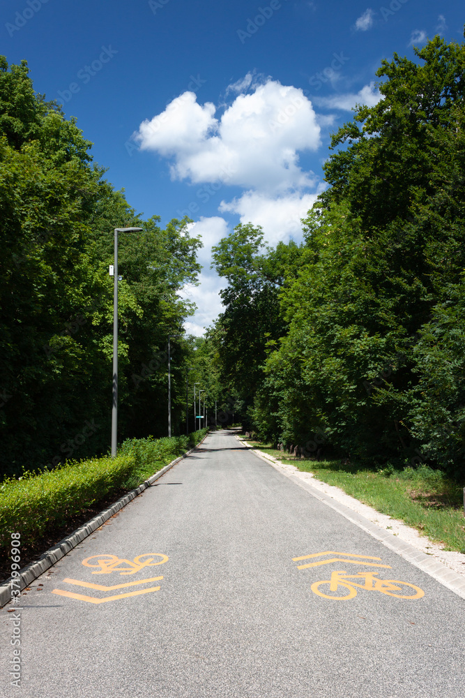 Bicycle road in forest with blue sky and white clouds.