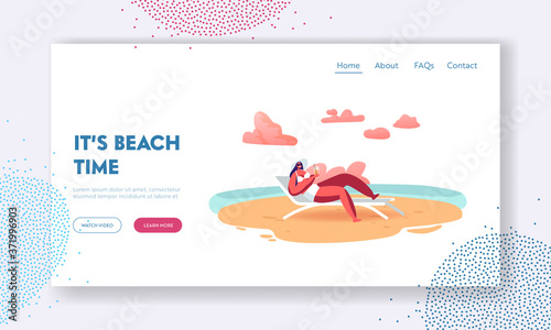 Girl Character Relax on Seaside Landing Page Template. Woman in Hat Lounging and Drinking Cocktail on Chaise Lounge