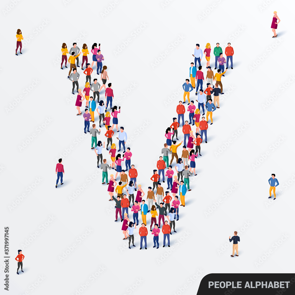 Large group of people in letter V form. Human alphabet. Large group of people in letter V form. Human alphabet.