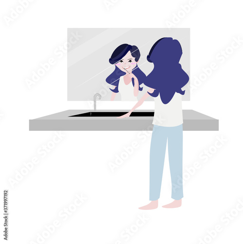 Vector Woman brushing teeth in the bathroom .Cute girl  stay at home. People illustration . Cute cartoon character person flat design .Clip art on white isolated background.