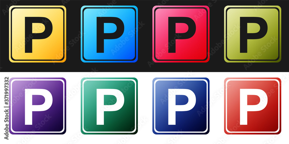 Set Parking sign icon isolated on black and white background. Street road sign. Vector. Set Parking sign icon isolated on black and white background. Street road sign. Vector.