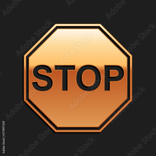 Gold Stop sign icon isolated on black background. Traffic regulatory warning stop symbol. Long shadow style. Vector.