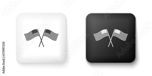Black and white Two crossed American waving flags icon isolated on white background. National flag of USA. The United States of America flag. Independence day. Square button. Vector.