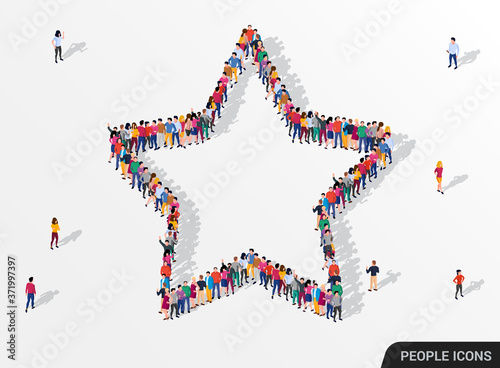 Big group of people standing in a star sign.