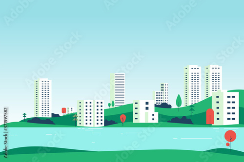 City landscape with new buildings. Architecture city development. Hills and trees near river or lake and new skyscrapers and houses. New, modern exteriors and facades.