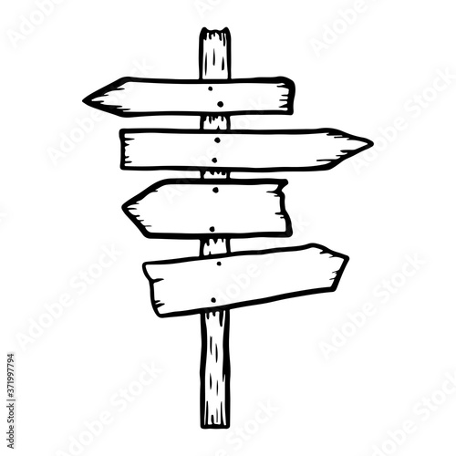 Signpost with boards. Front view. Sketch drawing. Black contour silhouette. Vector flat graphic hand drawn illustration. The isolated object on a white background. Isolate.