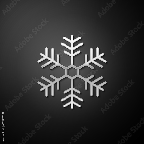 Silver Snowflake icon isolated on black background. Long shadow style. Vector.