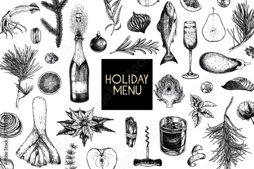 Vector menu template. Hand drawn detailed Christmas decorations, wine, seafood, meat, fruits and vegetables. Glittered trendy design. For holiady menu, restaurant, shop promotion, brand merchandising.
