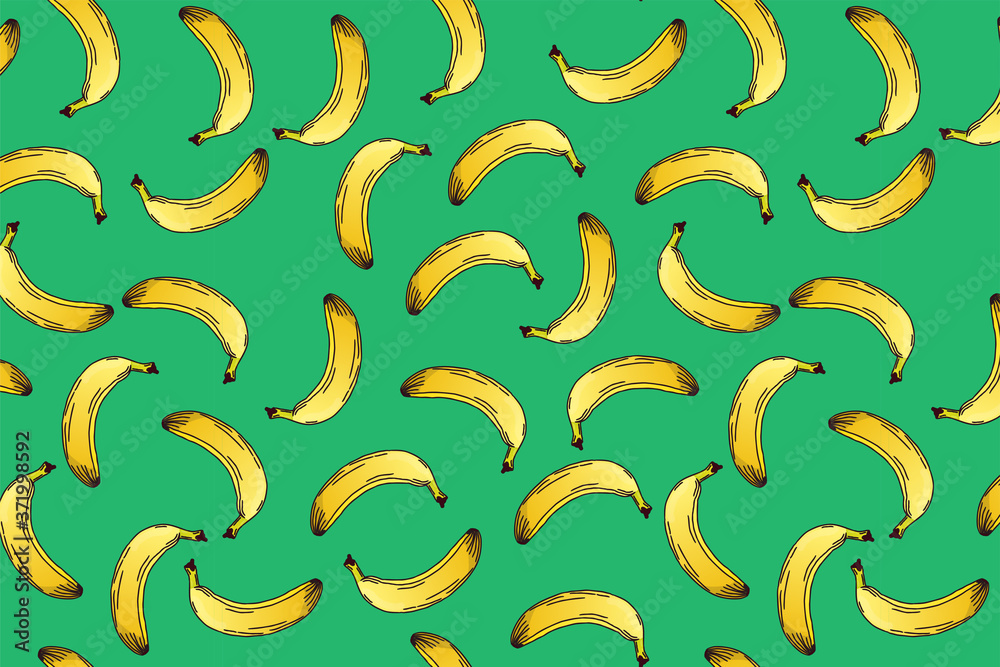 Seamless stylish pattern with fresh yellow gradient bananas on background in flat green style. Fruite pattern for cloth, textile, wrap, tshirt, and other design. Seamless stylish pattern with fresh yellow gradient bananas on background in flat green style. Fruite pattern for cloth, textile, wrap, tshirt, and other design.