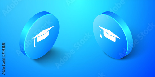 Isometric Graduation cap icon isolated on blue background. Graduation hat with tassel icon. Blue circle button. Vector.