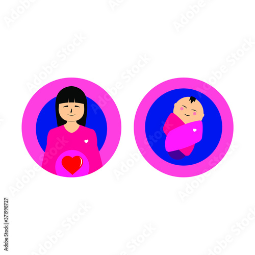 image of pregnant woman and little baby in circle, born, child