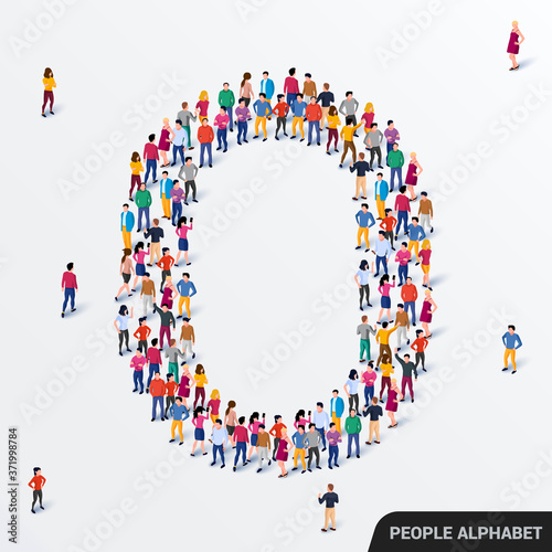 Large group of people in letter O form. Human alphabet.
