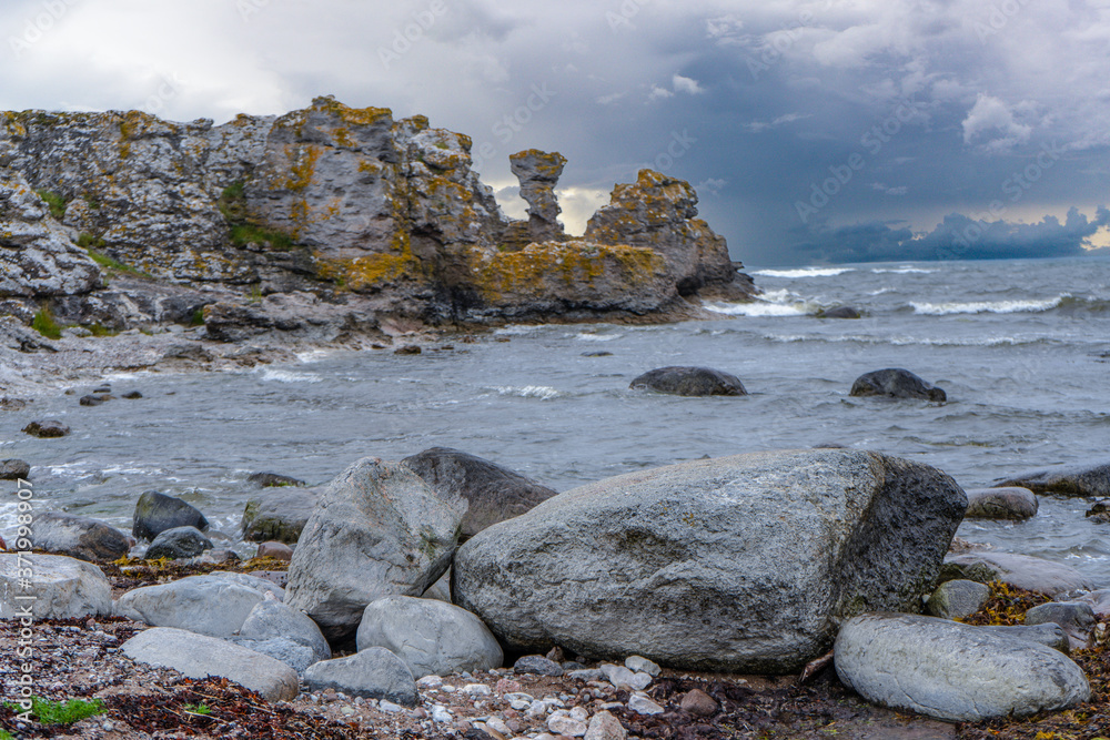 Rocks near Baltic sea. Rocky shore in Sweden. Gotland island. Photo of scandinavian nature. North Europe.