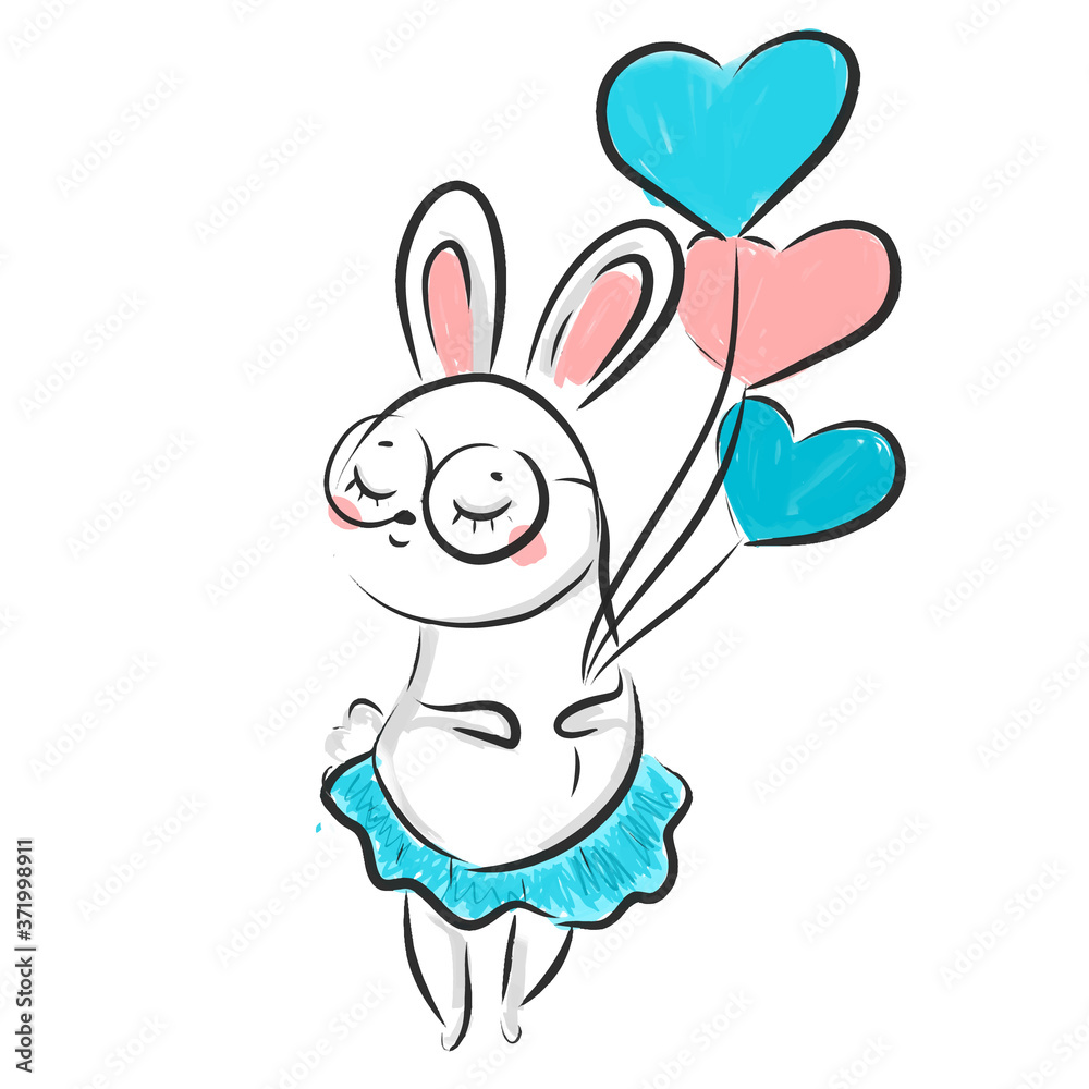 Cute rabbit. Kawaii Bunny girl with balloons. Sweet Hare. Cartoon animal face for kids, toddlers and babies fashion