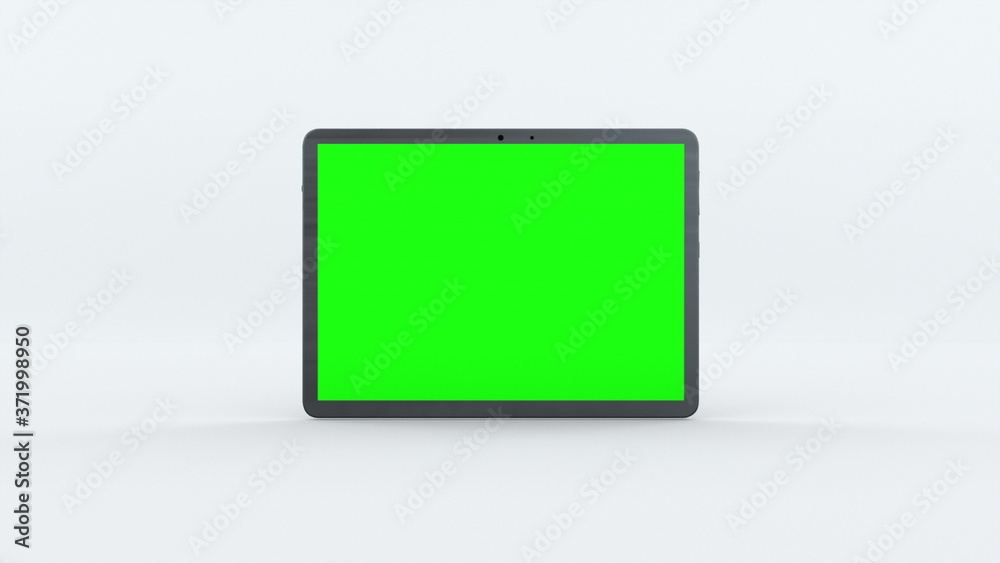 Demonstration of a tablet with green screen, computer generated. Touchscreen device, 3d rendering. Computer generated modern backdrop. Demonstration of a tablet with green screen, computer generated. Touchscreen device, 3d rendering. Computer generated modern backdrop.