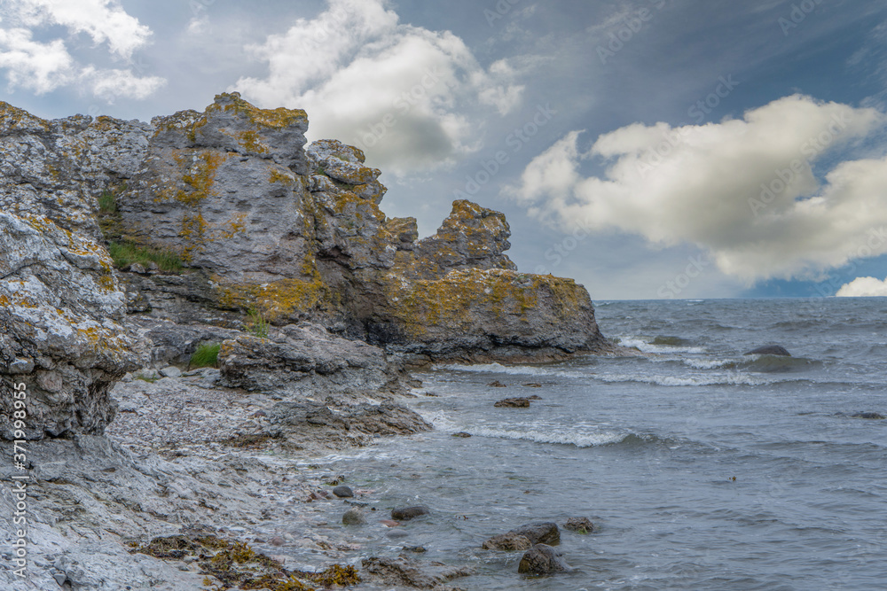 Rocks near Baltic sea. Rocky shore in Sweden. Gotland island. Photo of scandinavian nature. North Europe.