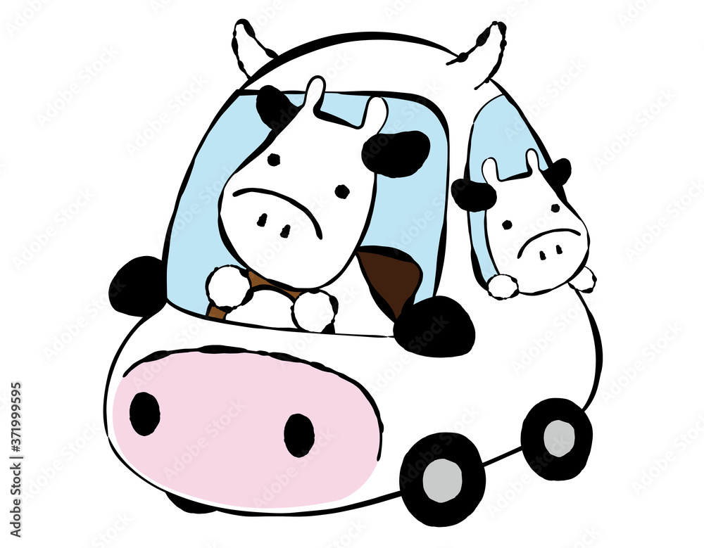 牛02_07（自動車でドライブする牛の親子）
