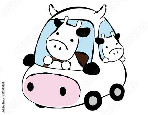 牛02_07（自動車でドライブする牛の親子）