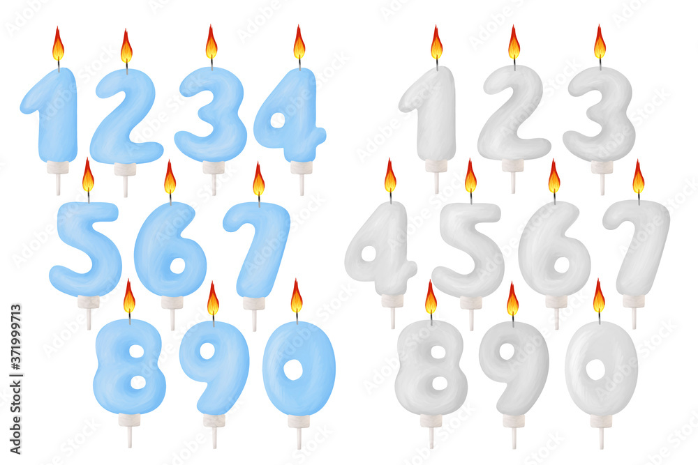 Blue and white cake- numbers candles. Party clip art set on white background Blue and white cake- numbers candles. Party clip art set on white background