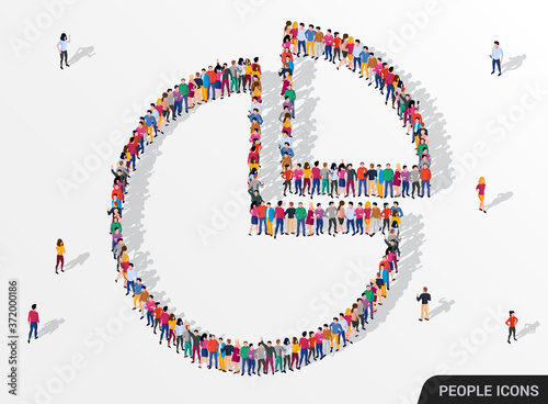 People crowd in form of pie chart composed of people. Statistic concept.