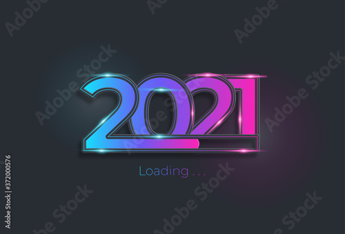 Happy new year 2021 with loading blue neon style. Progress bar almost reaching new year's eve. Vector illustration with 2021 loading. Isolated or dark light blue background