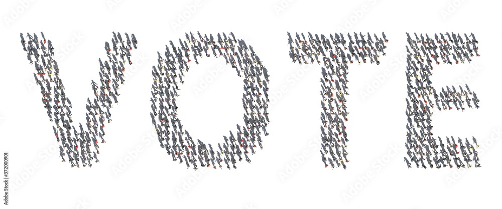 Aerial overhead view of people and their shadows making up VOTE word. 3d rendering Aerial overhead view of people and their shadows making up VOTE word. 3d rendering