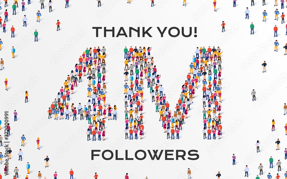4M Followers. Group of business people are gathered together in the shape of four million sign, for web page, banner, presentation, social media, Crowd of little people. Teamwork. Vector illustration 4M Followers. Group of business people are gathered together in the shape of four million sign, for web page, banner, presentation, social media, Crowd of little people. Teamwork. Vector illustration