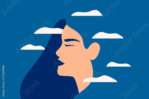 A sad young woman has a clouded mind on blue background. A depressed girl suffers from temporary memory loss and confusion. Vector illustration